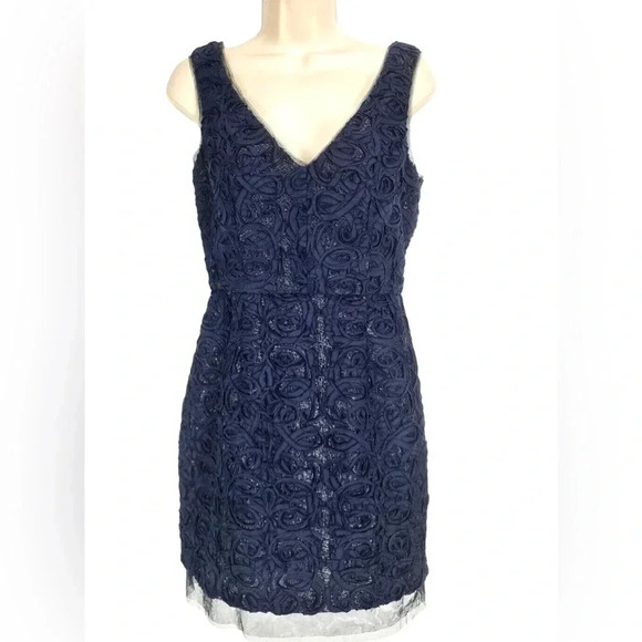 BCBGMaxAzria Navy Blue V-Neck Metallic Rose Sheath Cocktail Dress - Picture 1 of 6